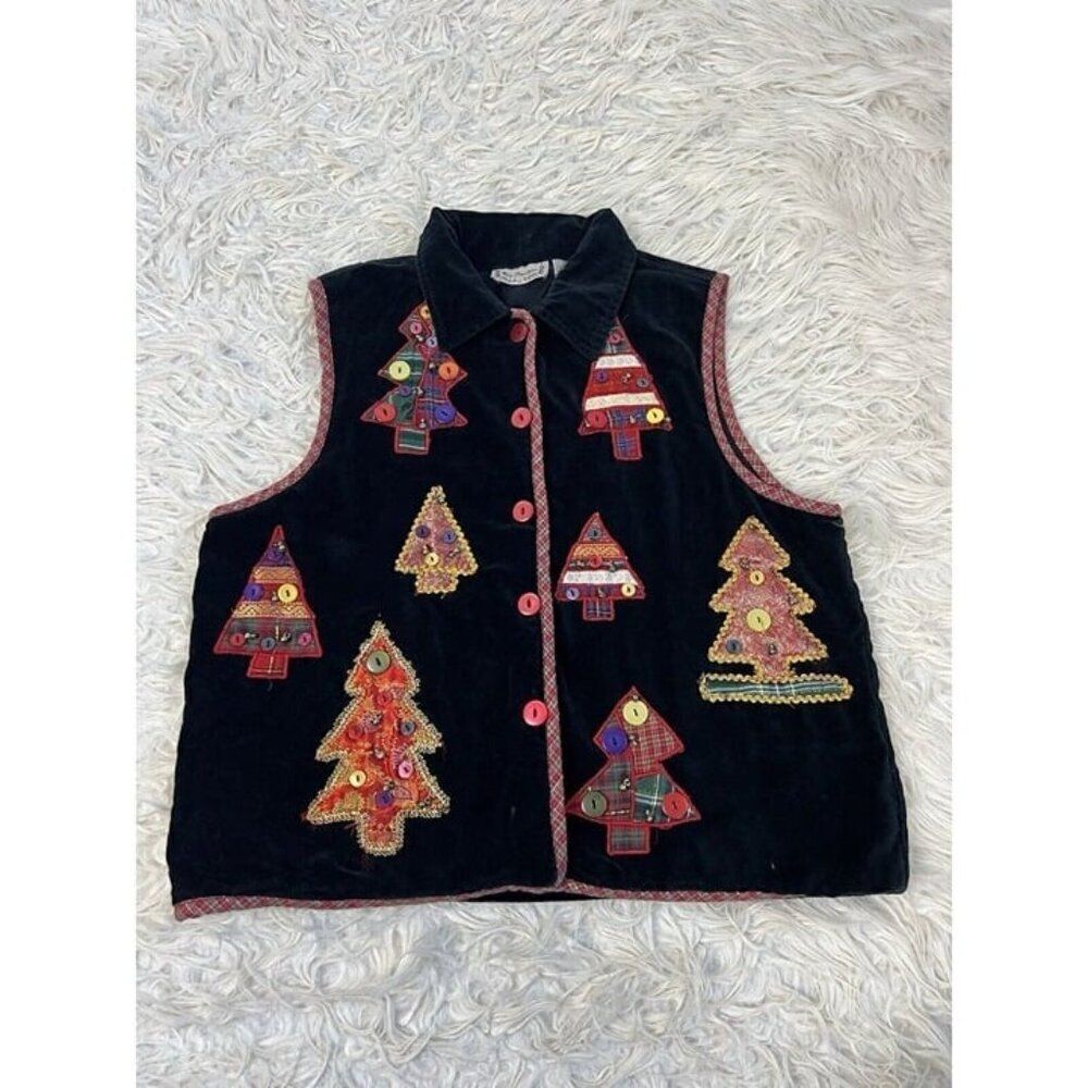 New Directions Womens XL Vintage 90s Black Velvet Christmas Tree Patchwork Vest
